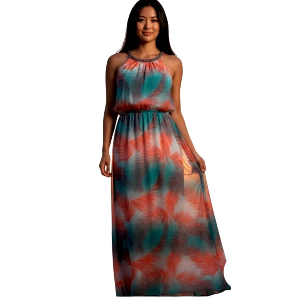 No Boundaries Tropical Palm Print Halter Maxi Dress-size Medium